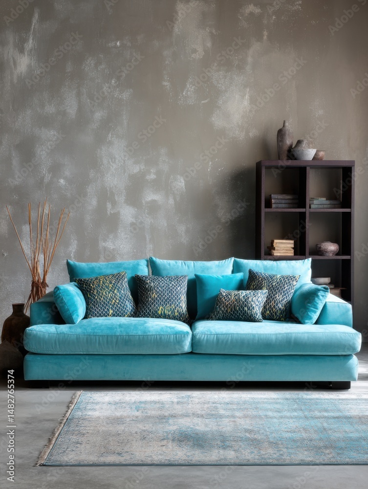 Poster stylish turquoise sofa with decorative pillows in a modern living room interior design setting with 