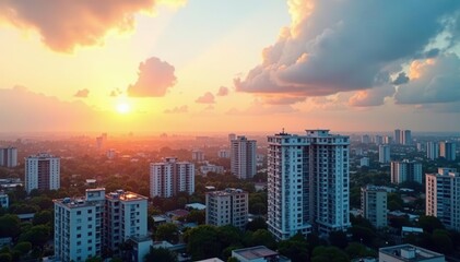 Obraz premium High-rise buildings, sunlit cityscape, serene atmosphere, modern, high angle