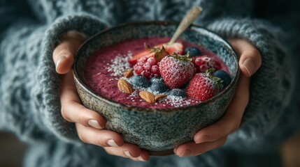 A woman enjoying a healthy smoothie bowl with fresh berries and nuts, perfect for a nutritious breakfast.