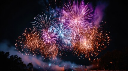 Fototapeta premium Fireworks lighting up night sky at outdoor graduation celebration