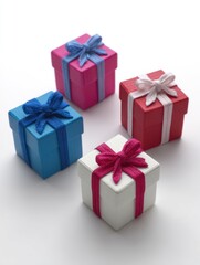 Fototapeta premium Colorful gift boxes arranged on white surface studio shot of four presents with ribbons and bows for holiday celebration