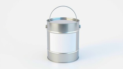 A clean, metallic paint can with a blank white label and handle, isolated on a white background.