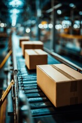 Cardboard Boxes Moving on Conveyor Belt in Factory Close Up Industrial Automation Logistics