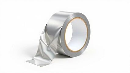 A roll of silver duct tape partially unrolled on a white background.