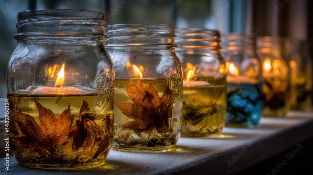 Aufkleber row of mason jar candles with autumn leaves on a window sill in soft focus and warm light