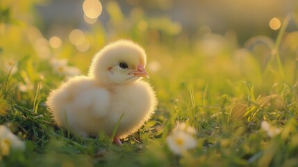 chick foraging in the fresh grass, the natural light illuminating its fluffy feathers and the farm landscape creating a warm and inviting atmosphere