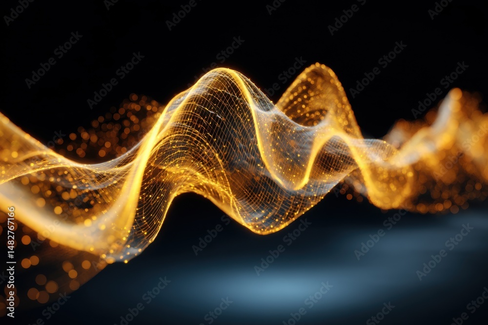 Poster Abstract Golden Wave Network Flowing on Black Background Close Up Digital Art Illustration Graphic Design Concept