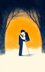 A couple embraces beneath a warm sunset amidst dark trees, and snow falls softly. Minimalist style illustration.