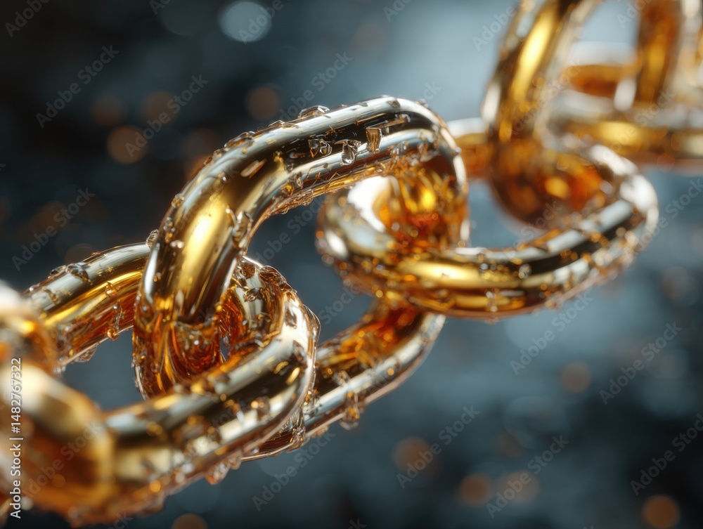Poster Close up of a lustrous golden chain with water droplets reflecting light in a studio setting macro shot