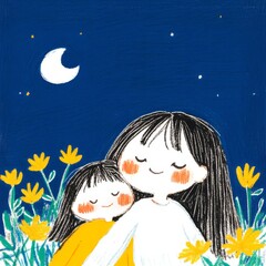 Tender illustration of a mother and daughter embracing amidst yellow flowers under a crescent moon at night. Soft colors and gentle lines create a serene and loving atmosphere.