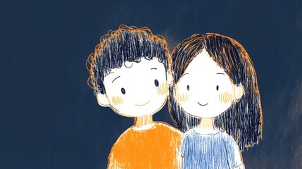 Tender Embrace Young Couple Illustrated Portrait in Warm Colors