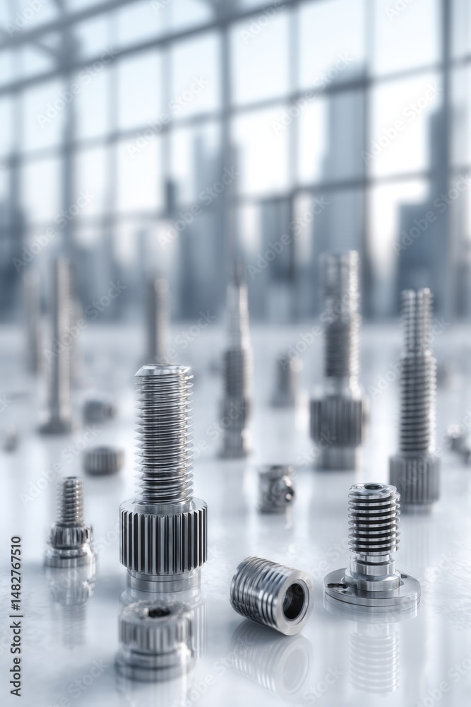 Poster precision machined metal parts on reflective surface in modern factory setting close up product shot