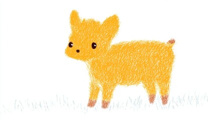 A small, fluffy, golden yellow puppy stands on a white background, created in a pointillist style. The puppy has tiny brown hooves.