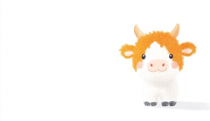 Adorable cartoon calf with orange and white fur sits on white background. Soft, textured illustration style.