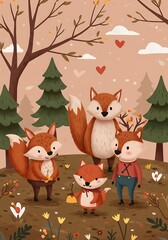 Naklejka premium Autumnal Fox Family: A Charming Illustration