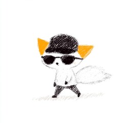 A cool fox character illustration, wearing sunglasses and a hat, walking on a light brown background. The style is simple and playful, with crayon like texture.