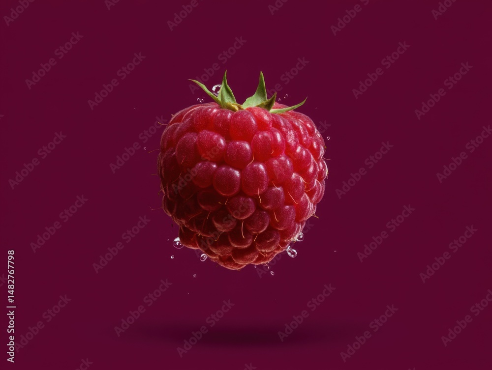 Poster studio shot of single raspberry floating with water droplets on a purple background close up food ph