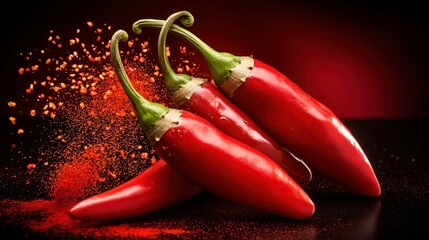 Red chili peppers, spicy seasoning, cooking ingredients, vibrant colors, food photography, culinary arts displayed creatively