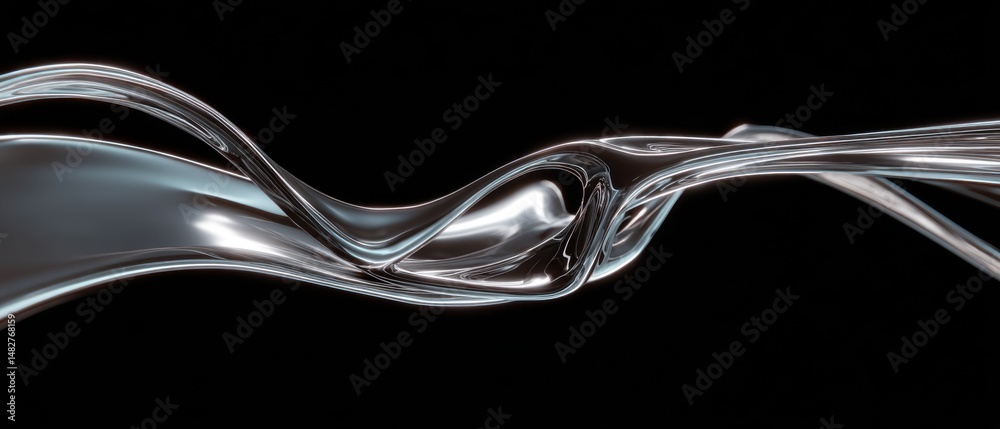 Aufkleber Silver Fluid Flowing Abstract on Black Background Studio Shot Close Up Modern Design Metallic Texture