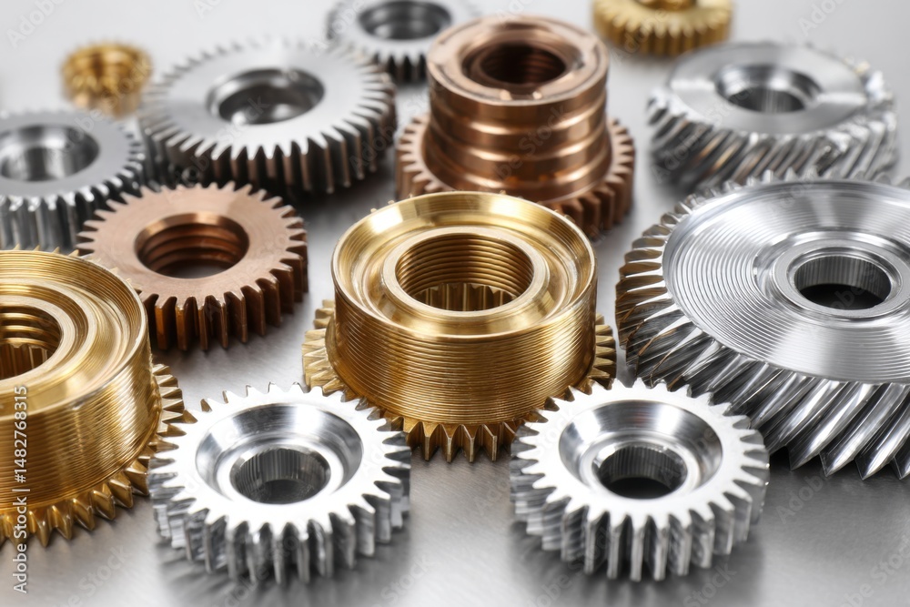 Poster assorted gears close-up on metal surface showing silver gold and bronze metalwork in a still life ar