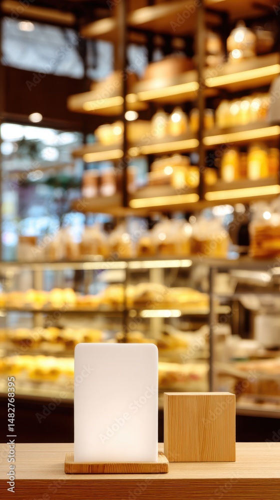 Poster Blank Menu Sign on Wooden Table in Bakery Cafe Setting with Blurred Pastries and Shelf Display for Advertising