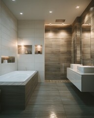 Modern bathroom interior with bathtub and double sink vanity in neutral tones, contemporary design, clean lines, luxury home