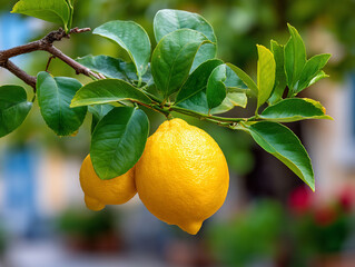 Zesty lemons hang amidst vibrant green leaves