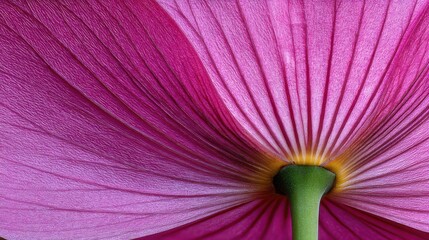 Abstract macro of a vibrant pink flower petal pattern showing detail and texture from below with a green stem