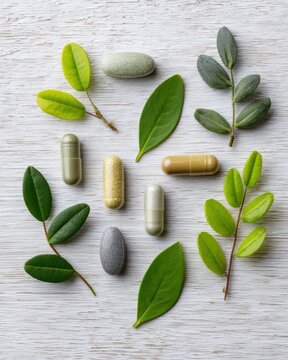 Herbal Supplements and Green Leaves Flat Lay on White Wood Background Wellness Concept Top Down View