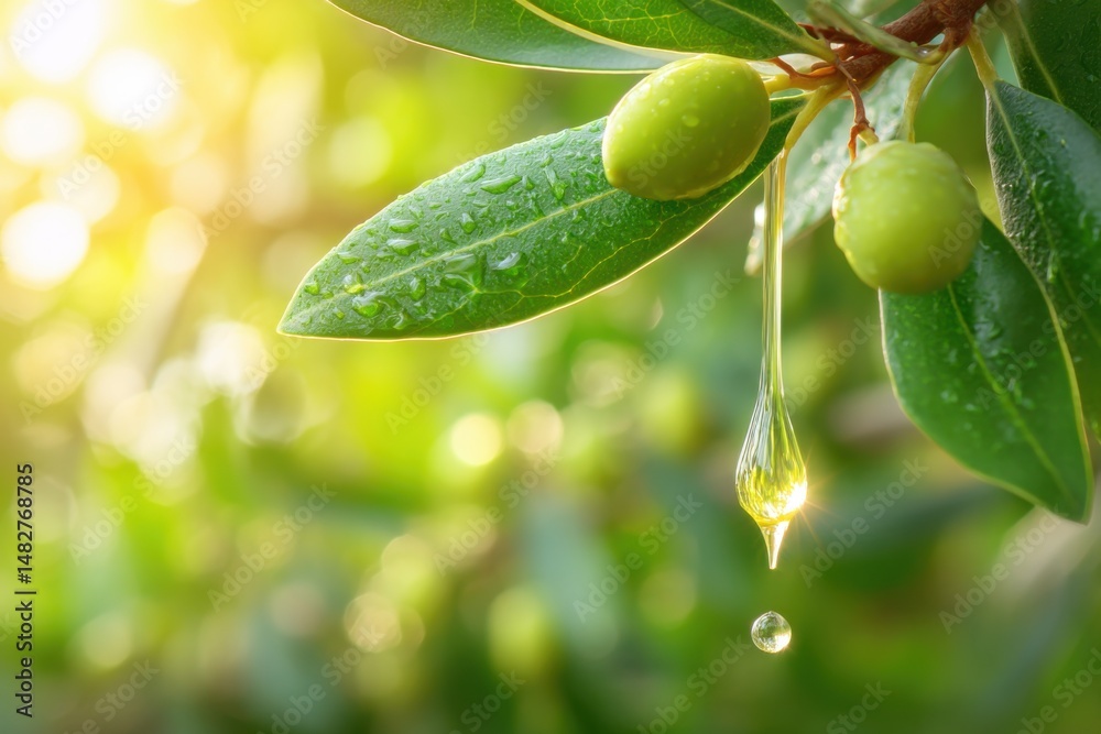 Poster Olive Branch with Dripping Oil Macro Shot of Green Olives on Tree Branch in Sunlight with Bokeh Background