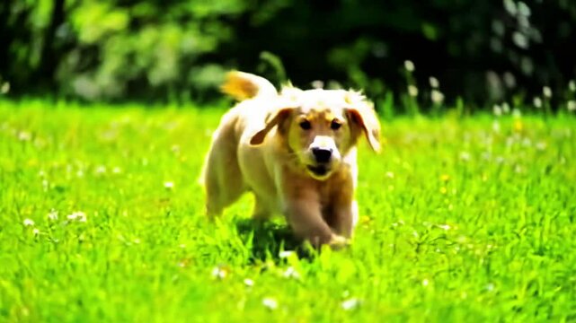 Golden retriever dog Golden puppy runs forward lush green field wagging tail floppy ears joyful expression soft fur motion wildflowers blurred bokeh background sunlight energetic happy playful mood 