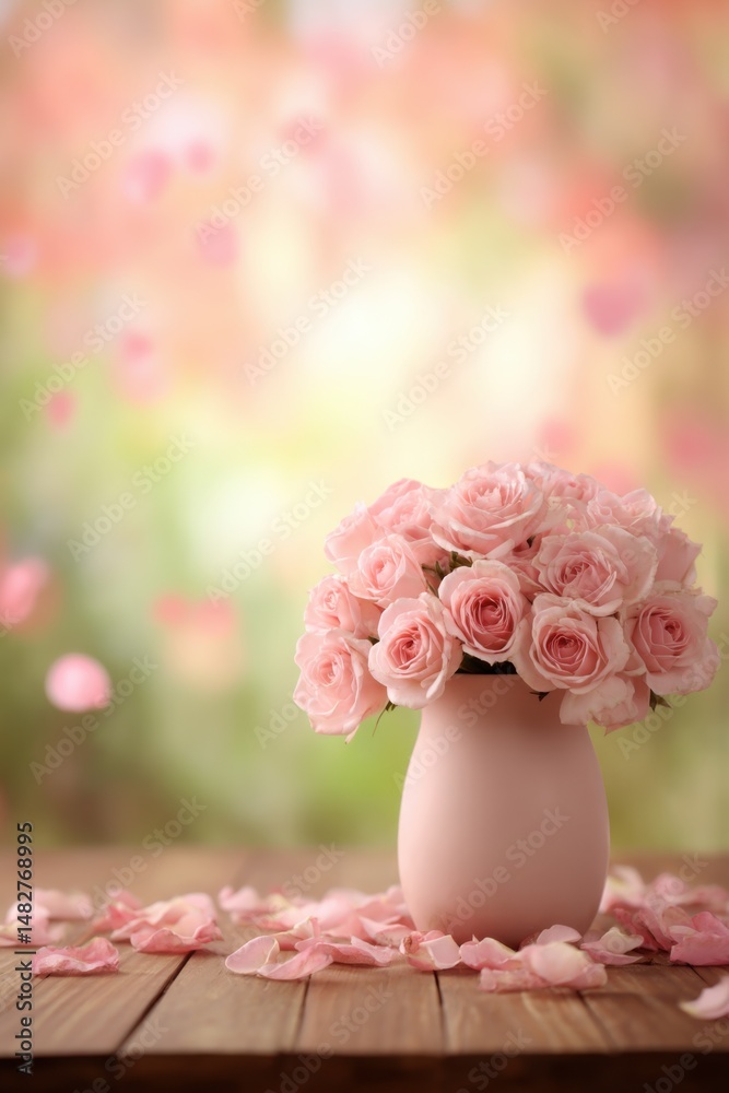Poster pink roses in vase on wooden table with blurred background in studio setting for romantic spring or 