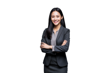 Confident Asian Businesswoman in Formal Suit, Smiling with Arms Crossed, Modern Corporate Executive, Leadership and Diversity
