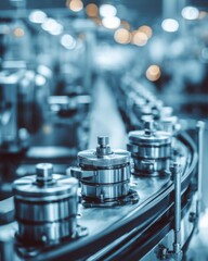 Automated industrial production line with metal parts moving along conveyor belt in factory setting close up