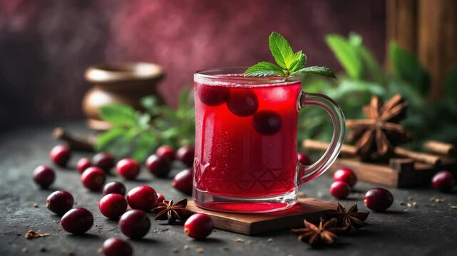 Wholesome cranberry juice drink and fresh cranberries. Herbal infusion.