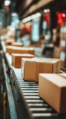 Cardboard boxes moving on conveyor belt in distribution warehouse facility close up industrial perspective logistics