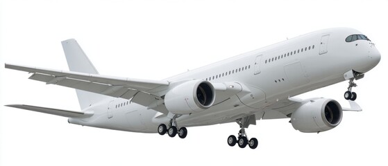 Commercial Airplane Landing Gear Extended Isolated on White Background Low Angle Aviation Transport Aircraft Travel