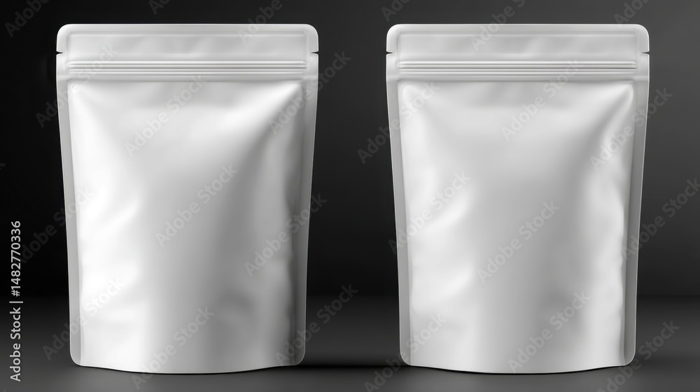 Poster two blank white stand up pouches mockup studio shot on dark background packaging template design for