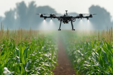Agricultural drone spraying corn field aerial view precision farming technology innovation modern agriculture sustainable farming practices