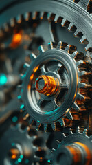 Close-up of metallic gears, showcasing intricate details and textures, symbolizing precision, mechanism, and industrial design, perfect for technology or engineering concepts