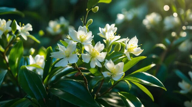 Pittosporum flowers. Evergreen shrub. Dioecious coastal species. Produces fragrant blossoms.