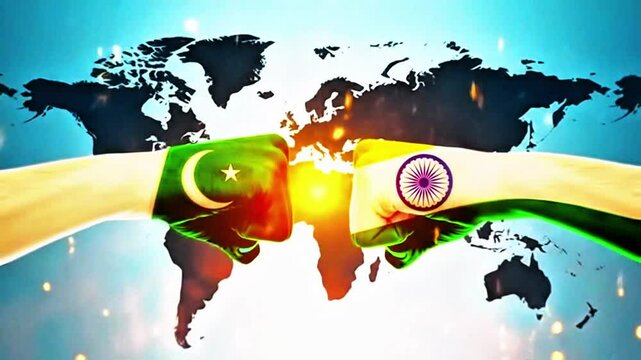 Pakistan India fists collide center fiery world map background conflict tension flags power energy impact confrontation nationalism symbolic global intensity punch hands fire blazing war raging rival