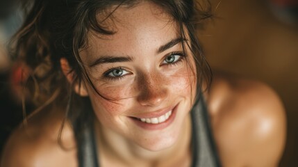A young woman smiling while exercising at home, embracing fitness and wellbeing.