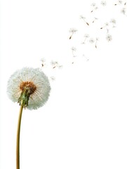 Dandelion seed dispersal on white background close up studio shot of fragile flower with flying seeds