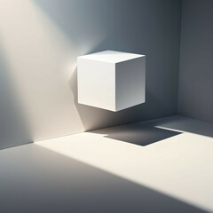 Abstract minimal background with one single floating cube casting a long soft shadow