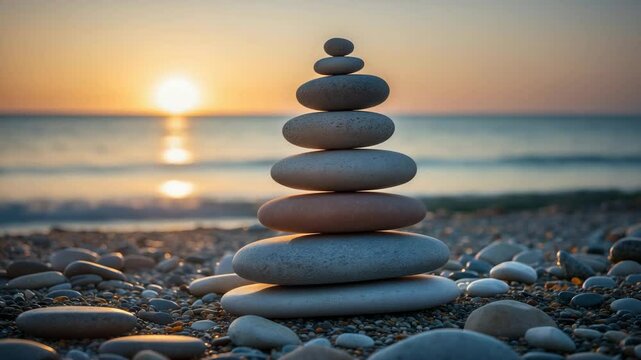 Meditation stone pyramid located by the shore during sunset.