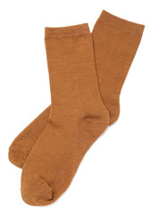 Pair of brown socks isolated on white, top view