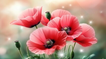 Beautiful pink poppy flowers blooming in a serene garden setting with soft light and sparkles