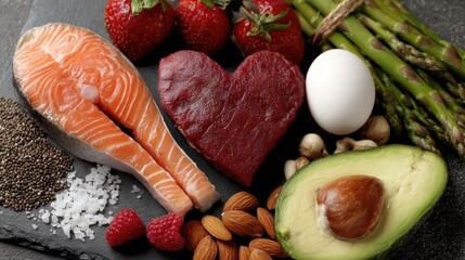 A flatlay of heart-healthy foods arranged on a gray background, promoting good nutrition.