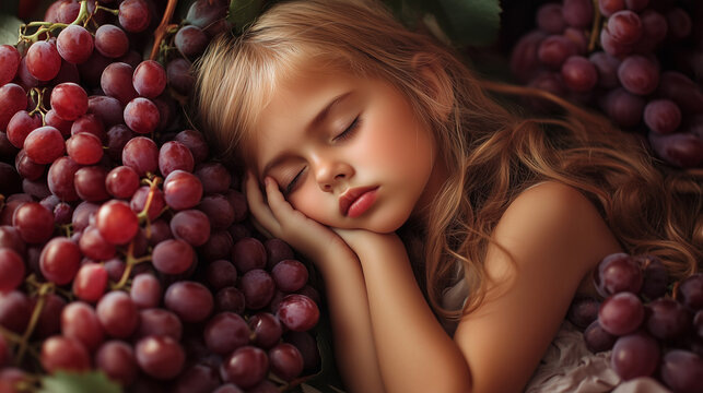 young cute skin care girl taking nap by placing her head on sweet & delicious grapes 